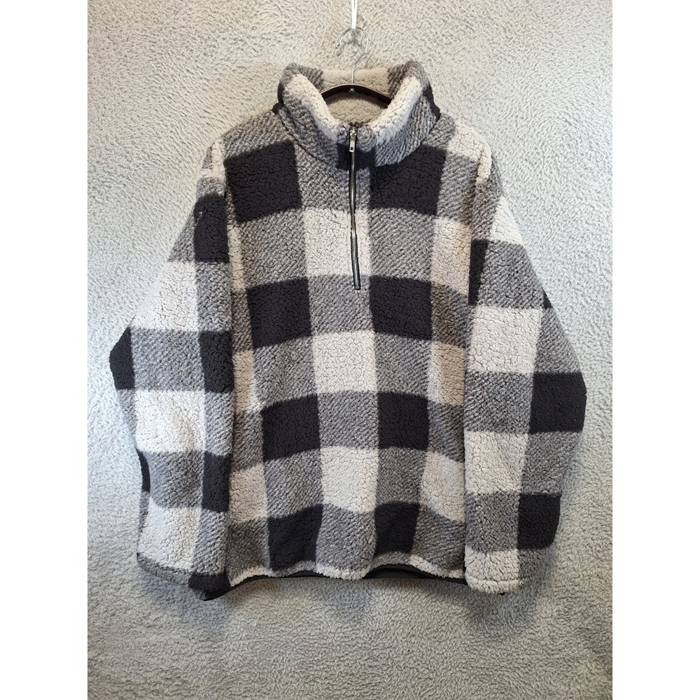 MEROKEETY Pullover Womens 2XL Black Gray Buffalo Plaid Sherpa Fleece 1/4 Zip
